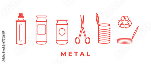 Recycling and sorting of metal waste. Spray can, bottle, can, jar, scissors. Linear icons. Garbage sorting and segregation. Ecology. Editable strokes. Line art, doodles.