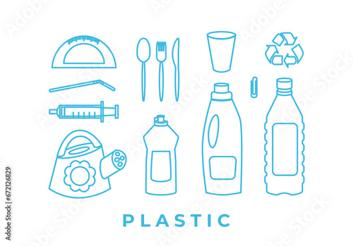 Recycling and sorting of plastic waste. Linear icons. Garbage sorting and segregation. Ecology. Editable strokes. Line art, doodles.