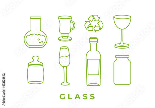 Recycling and sorting of glass waste. Bottle  cup  bulb  jar  glass. Linear icons. Garbage sorting and segregation. Ecology. Editable strokes. Line art  doodles.