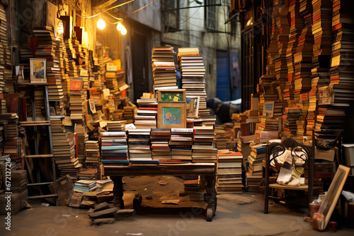 Tucked away in a secluded market nook  an eclectic book stall beckons avid readers with its mix of ancient manuscripts and contemporary tales.
