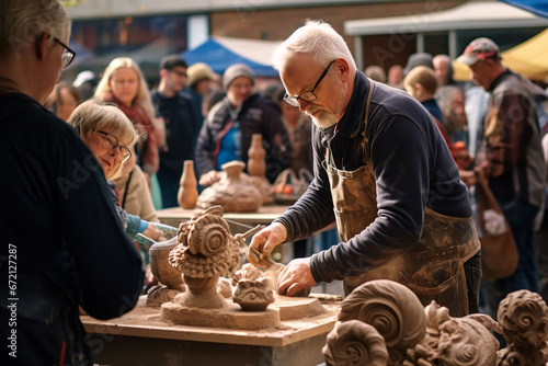 Within a craft-centric market, ceramic artists become the main attraction, skillfully molding clay on wheels, drawing a crowd of fascinated onlookers. photo