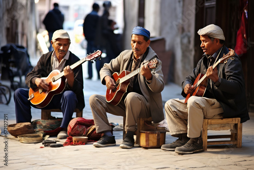 Amid the cacophony of market noises, a group of street musicians harmonizes perfectly, blending upbeat rhythms that make shoppers pause and appreciate.
