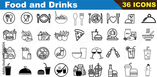 Food and Drinks Vector Icon Set, perfect for restaurant and cafe websites and apps. Features 36 black and white icons including pizza, burger, coffee, cake, beer, wine, and more.