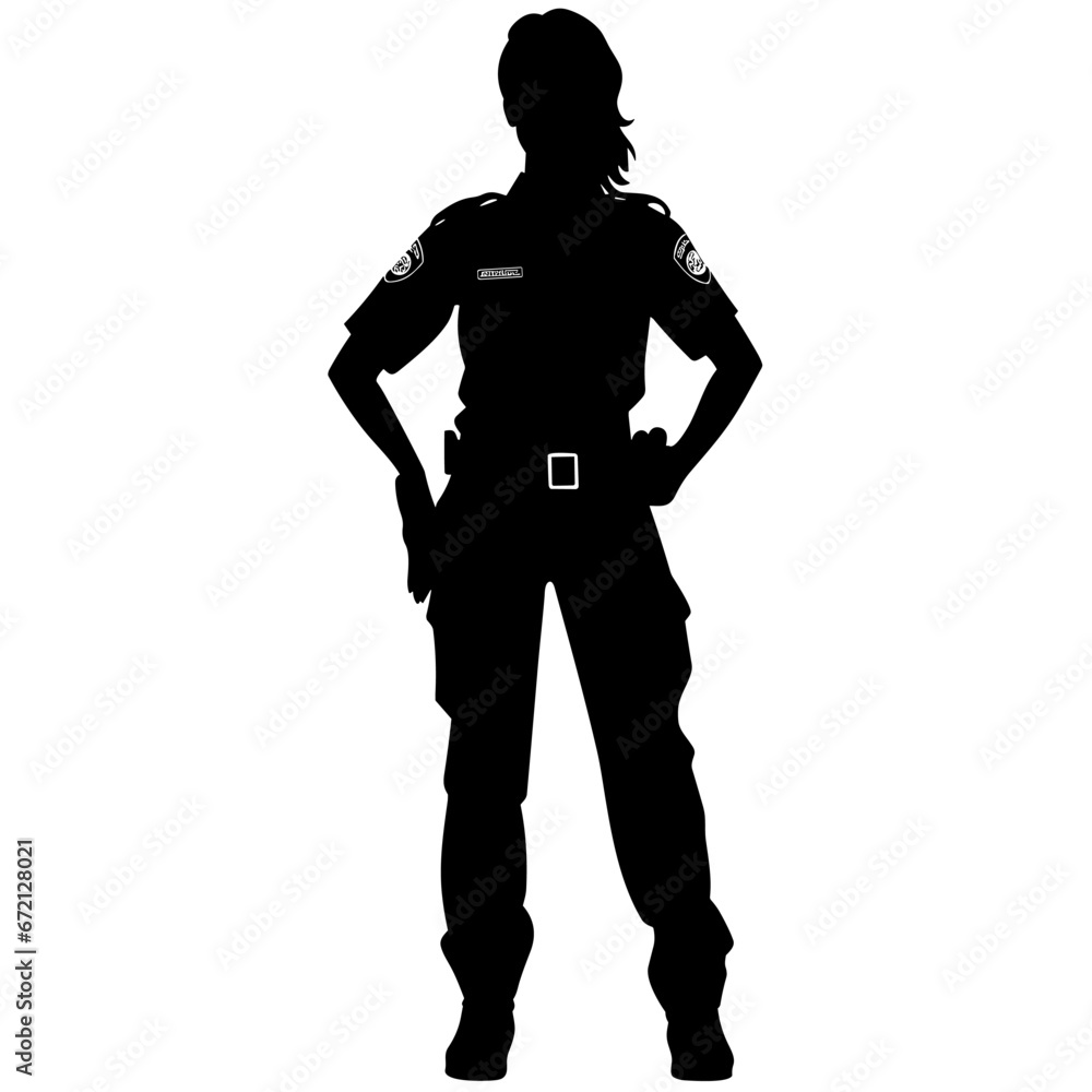 Police officer woman black icon on white background. Female police officer silhouette - obrazy, fototapety, plakaty 
