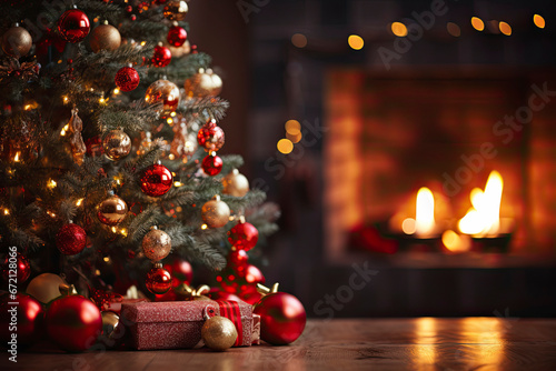 New Years Christmas festive background with burning fireplace. Christmas tree. Decorations  red gold balls and glowing bulbs on the tree.