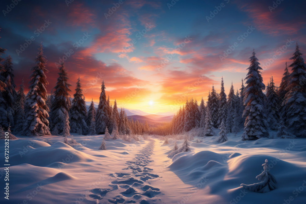 Winter landscape. Winter forest in the rays of the setting sun. Generated AI.