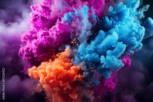colorful rainbow holi paint color powder explosion isolated on dark black background. peace rgb gaming beautiful party festival concept