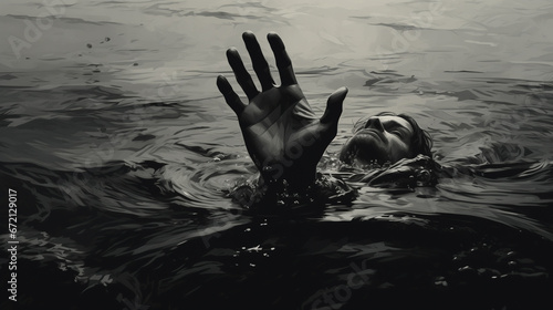 man drown in water. hands above surface.depression concept. black and white illustration. copy space