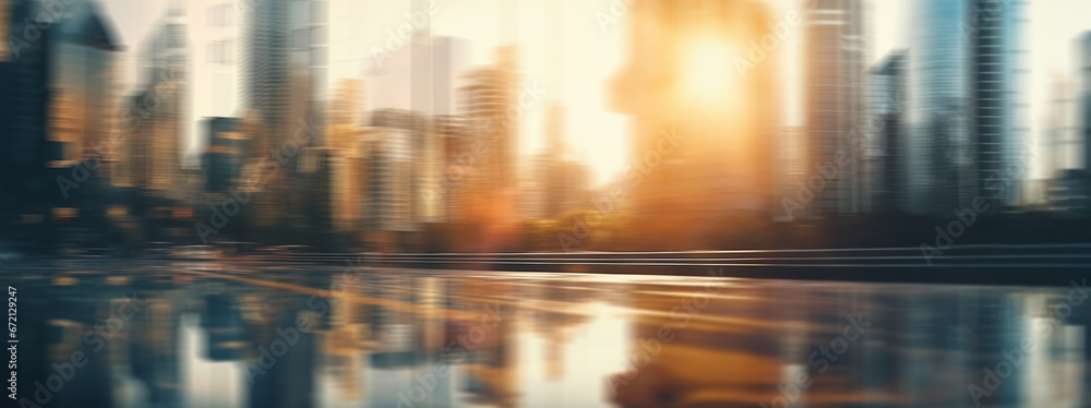 Sunlight in a modern city scene. Defocused image of a near street. Bright lights, tall buildings, towers, skyscrapers, road. Wide scale image created using Generative AI tools. - obrazy, fototapety, plakaty 