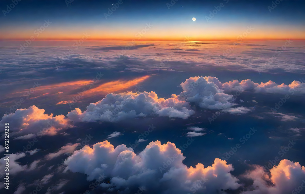 Illustration of a view of a group of clouds and the full moon, photos taken from an airplane. ai generative