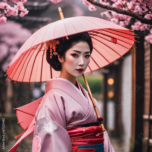 girl in kimono with sakura blossom with umbrella