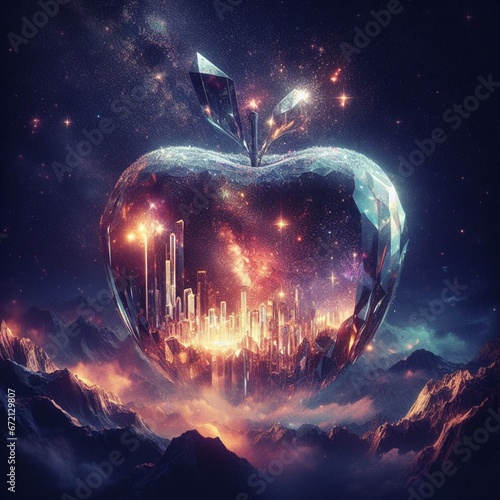 Apple in a space, visualization of realms, space, galaxy, nebula, star, light...