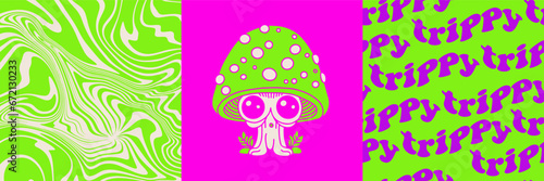 Trippy psychedelic art 70s surreal design covers set. Weird bright trippy seamless pattern, unusual mushroom characters posters. Acid neon elements, snugly mushrooms vector cards collection.