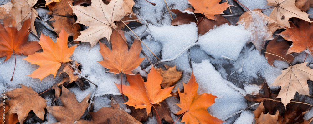Beautiful frozen autumn maple leaves on the ground. Autumn winter background