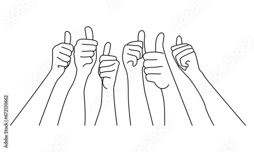 Many hands showing thumb up signs Black and white line art vector.