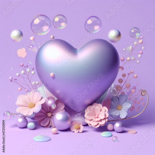 pink heart with flowers and bubbles, heart shaped flowers in a purple color o...
