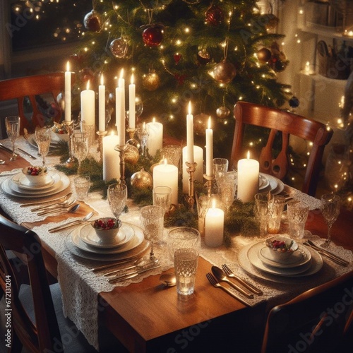 A beautifully set Christmas dinner table, bathed in warm candlelight, featuri...