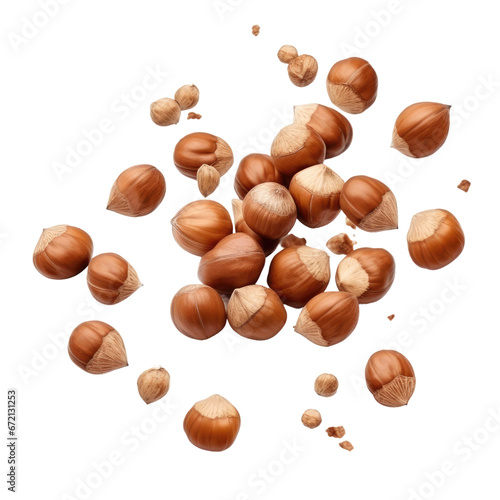 Falling whole hazelnuts isolated on transparent or white background