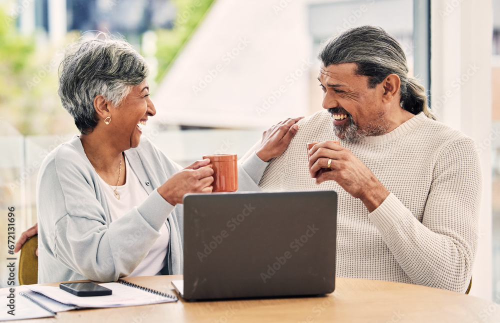 Old couple, laptop and laughing with retirement and coffee, manage finance paperwork and funny together at home. People do taxes online, pension policy documents and budget, woman and man with comedy Old couple, laptop and laughing with retirement and coffee, manage finance paperwork and funny together at home. People do taxes online, pension policy documents and budget, woman and man with comedy