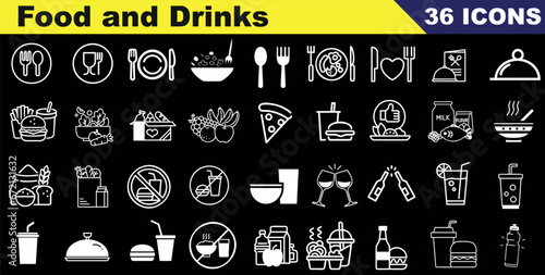 Food, drink icon set, black and white vector illustration. Includes pizza, coffee, beer, wine, perfect for restaurant, bar menus, websites, apps