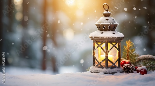 Snowy Christmas lantern with sunlit fir branches: festive winter decoration scene with copy space