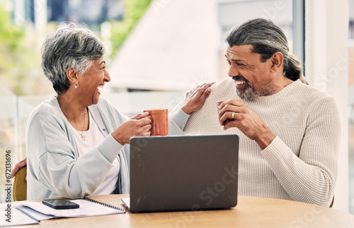 Old couple, laptop and laughing with retirement and coffee, manage finance paperwork and funny together at home. People do taxes online, pension policy documents and budget, woman and man with comedy