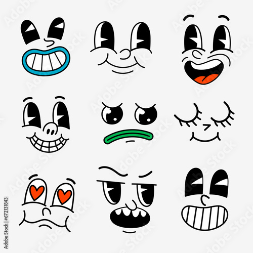 Retro cartoon characters funny faces. Groovy vintage 30s 60s 70s smiley mascots with various emotions