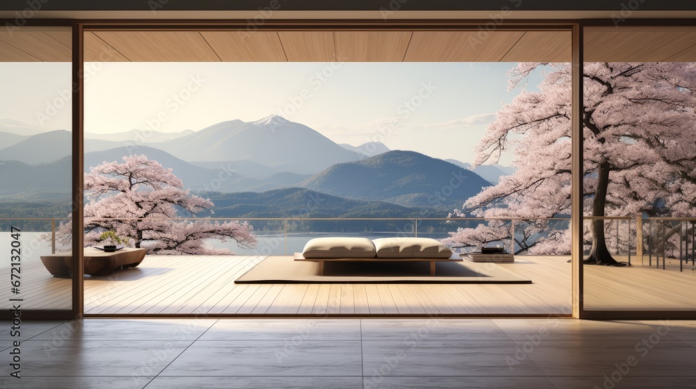Obraz na płótnie Minimal Japanese-style bedroom, spring season, decorated with brown furniture,There are large open sliding door Overlooking Fuji mountain outside w salonie