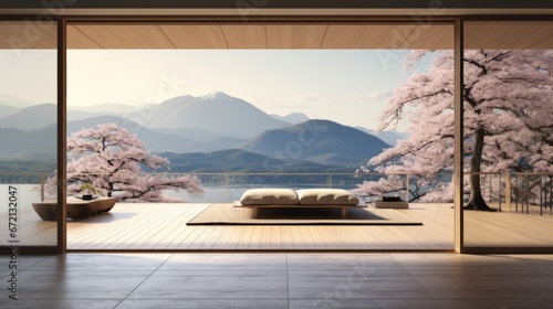 Minimal Japanese-style bedroom, spring season, decorated with brown furniture,There are large open sliding door Overlooking Fuji mountain outside photo