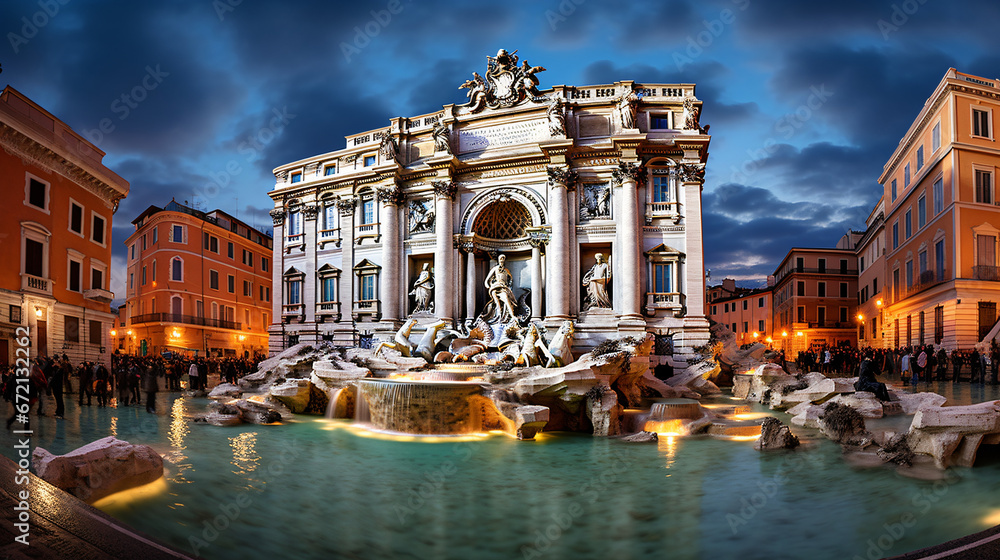 The iconic Trevin Fountain at dusk Rome Italy
