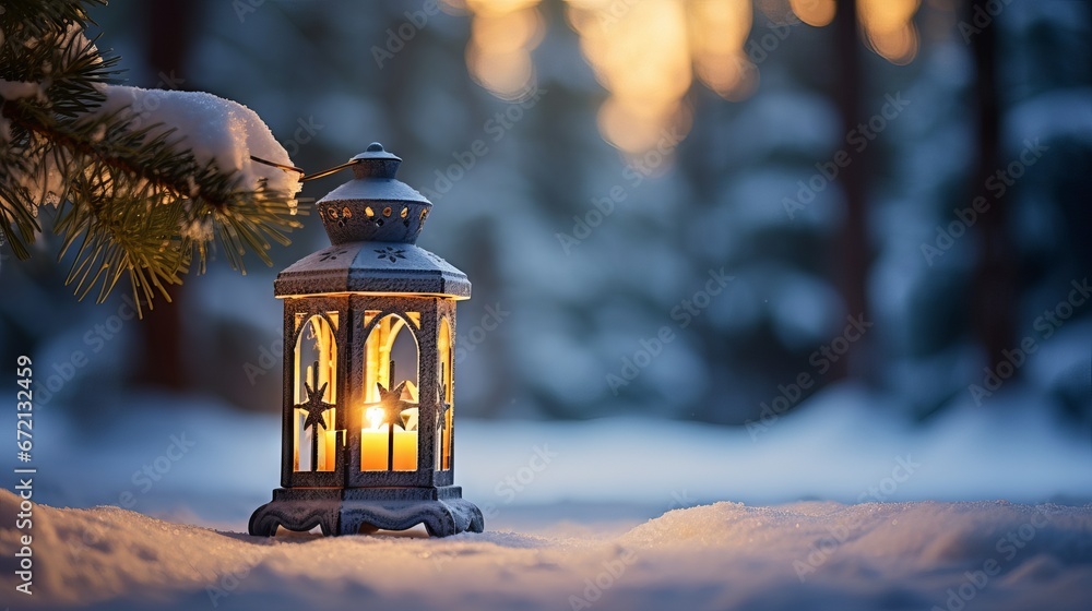 Festive Christmas lantern with snowy fir branch and sun rays with copy space. Cozy winter holiday decoration. Festive Christmas lantern with snowy fir branch and sun rays with copy space. Cozy winter holiday decoration.