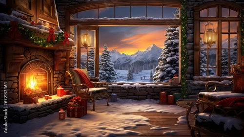 Cozy and festive Christmas scene with glowing tree  fireplace  and presents in a dark room