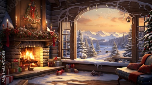 Cozy and festive Christmas scene with glowing tree  fireplace  and presents in a dark room