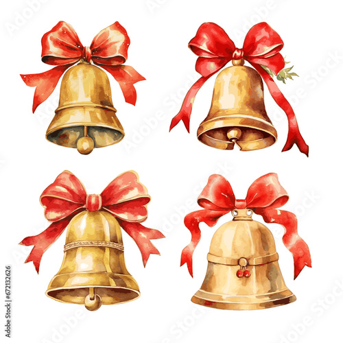 Christmas golden bell with red bow for greeting card design watercolor paint on white