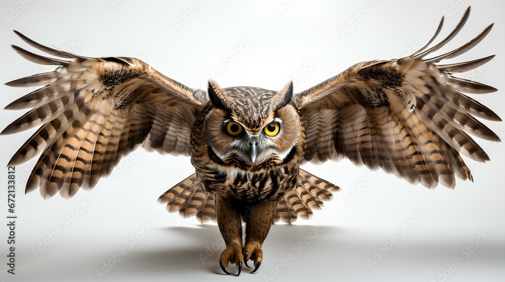Fototapeta premium owl in flight. owl. owl flying with wings spread. owl still. brown owl. owl