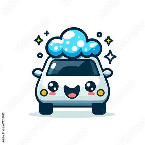 vector illustration in flat style cheerful cute car at car wash in foam