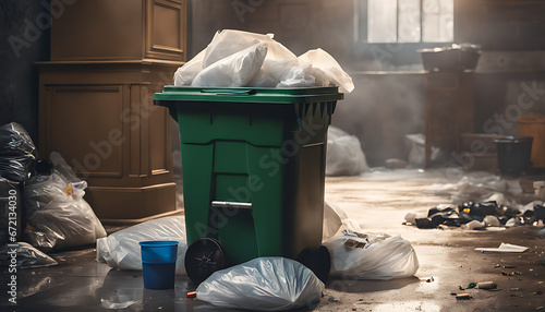 A trash can overflowing with garbage and plastic bags sits on a cluttered cement floor, surrounded by other discarded items, reflecting an unclean and disorganized space