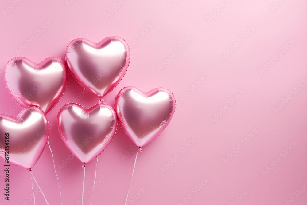 valentines day concept 3D heart shaped balloons flying with gift boxes on pink background. 