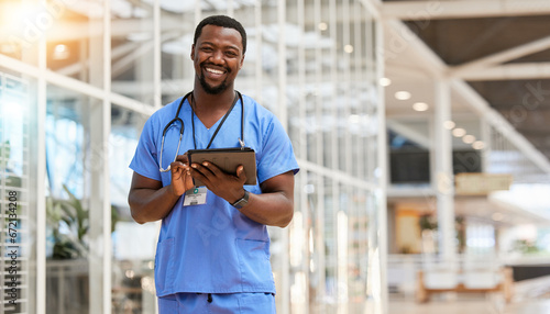 Tablet, doctor and portrait of happy black man smile for healthcare results, clinic trust or medicine report. Medical nurse, professional surgeon or African person research info on hospital database