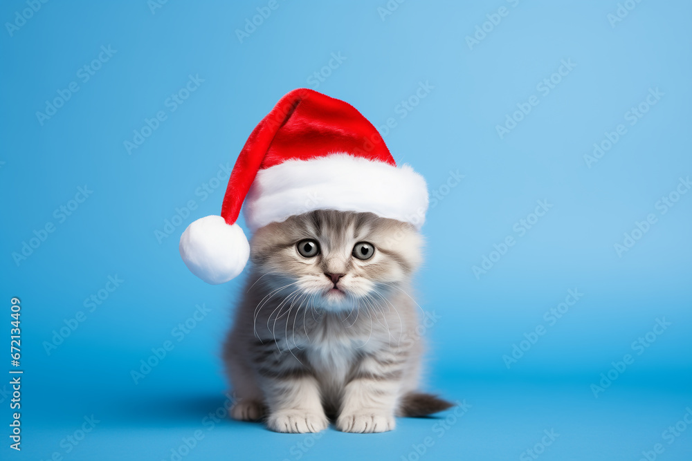 Cute little cat wearing a Christmas hat blue background Cute little cat wearing a Christmas hat blue background