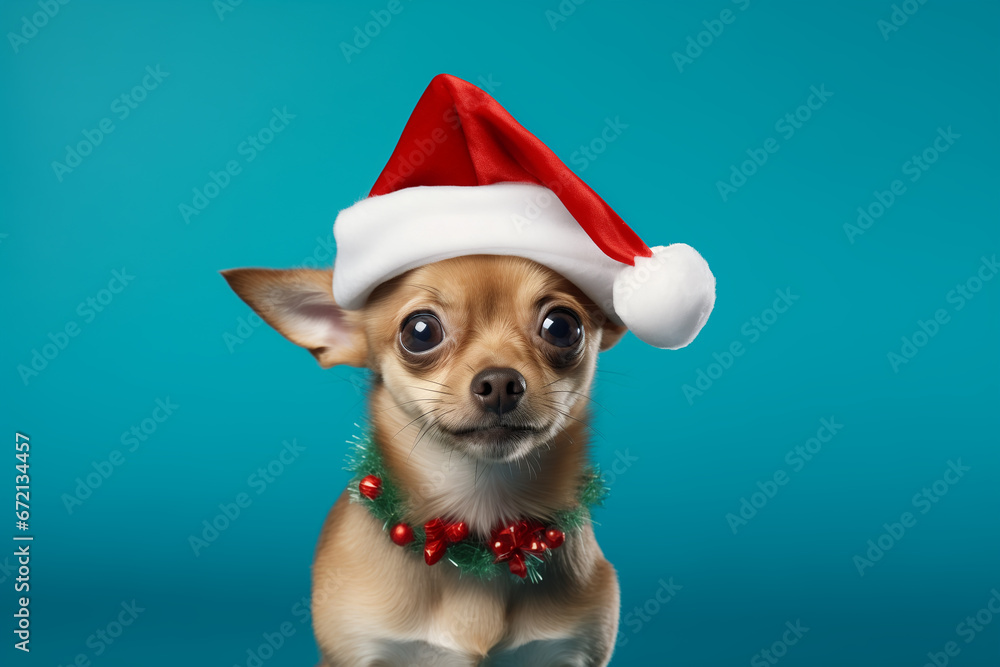 Cute little dog wearing a Christmas hat blue background Cute little dog wearing a Christmas hat blue background