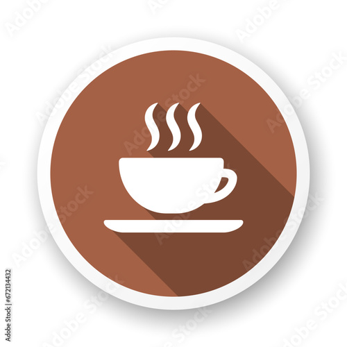 Hot drink long shadow icon. Cup of tea or coffee. Stylized white glyph on brown background.
