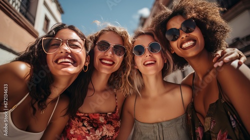 Bunch of youthful female companions hanging out within the city. Multiracial youthful ladies sitting by the road and having fun