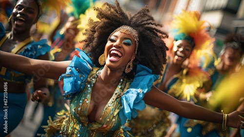 Bunch of cheerful individuals in carnival ensembles moving and having fun amid celebration on the road