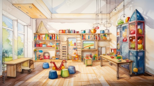 A drawing of a children's room with toys, AI