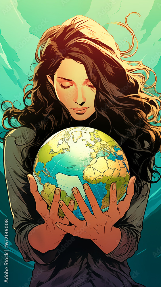 Naklejka premium Vector illustration of a young woman holding a globe in her hands. 
