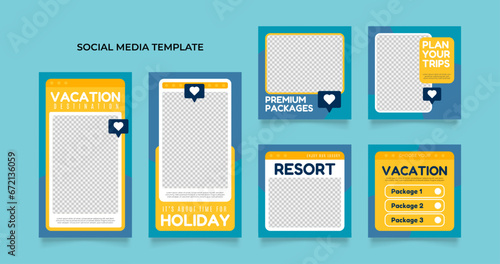 social media post template for travel holiday tourism marketing and sale promo. tour advertising. banner offer. promotional mockup photo vector frame illustration