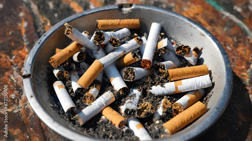 Cigarette butts in the ashtray, lingering odor of smoke. Generative AI. photo
