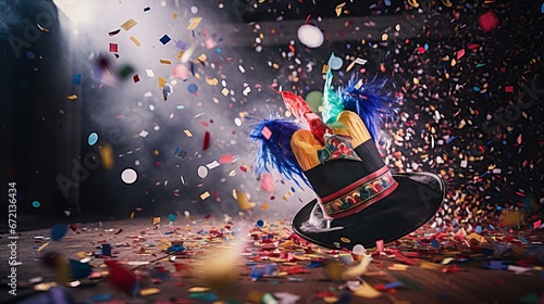 Carnival celebration in lanes, Colorful clown cap and confetti on obscured foundation photo