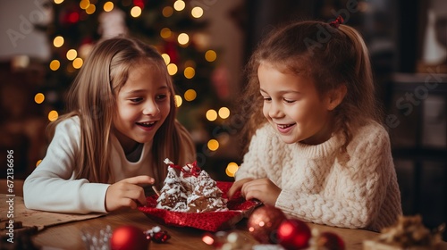 Christmas treats. Near up of charming small young ladies feeling active whereas shaping Christmas treats together